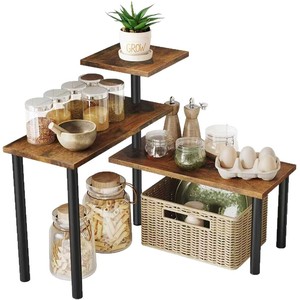 Multi Tiered Spice Rack Wooden <b>Corner</b> Storage Shelf Rustic Kitchen Counter Organizer With <b>Basket</b> And Jars For Pantry - Product Image 5