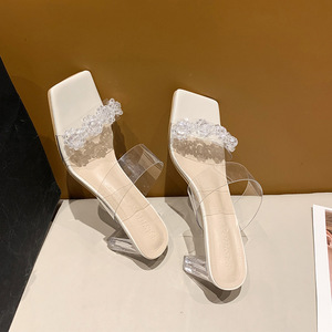 Sandalias de tacón alto grueso con punta cuadrada transparente de 5/7 cm para mujer, con correa de cristal, estilo mule, sin cordones - Product Image 6