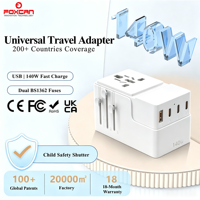 Foxcan adaptor daya Travel Universal portabel, pengisi daya pintar 4 USB dengan PD QC3.0 140W, pengisian daya seluruh dunia untuk 4 perangkat