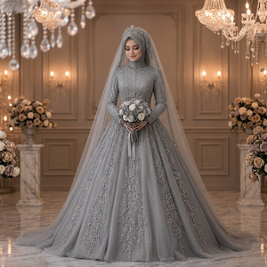 Elegant <b>Bride</b> Gray Ball <b>Gown</b> Wedding Dress High Neck Long Sleeve Beaded Embroidered Chiffon Cathedral/Royal Train Vintage - Product Image 2