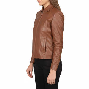 Chaqueta Clásica de Cuero de Oveja Color Bronceado Hecha a Mano para Mujer, Forro de Algodón, Cuero de Oveja Genuino, Estilo Motero - Product Image 2