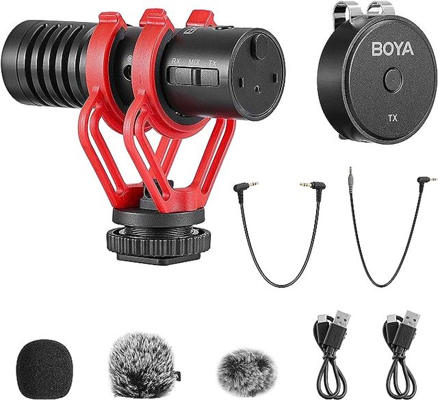 BOYA BY-MM1W 2 Channel Shotgun Lapel Wireless Mic Lavalier Microphone for Camera PC on Camera iPhone DSLR YouTube Recording