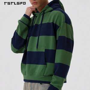 Sweat à capuche rétro à larges rayures avec poche kangourou et cordon de serrage en vert bleu marine, style streetwear, vente en gros - Product Image 2