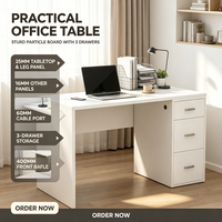 Bureau d'ordinateur en panneaux de particules de bois avec 3 tiroirs, trou pour câbles, table d'écriture blanche pour bureau à domicile, chambre à coucher