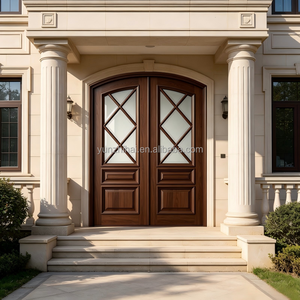 Porta d'Ingresso Doppia Arcuata Premium in Legno di Noce e Vetro Classico con Design a Barre in Legno per Esterni di Villa - Product Image 2