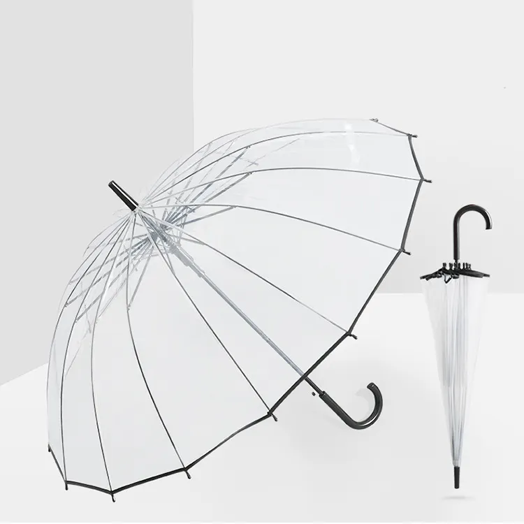 Paraguas transparente grueso de 23 pulgadas y 16 huesos Paraguas transparente grande a prueba de viento y lluvia de mango largo