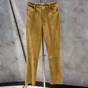 Nouveaux pantalons en <span class=keywords><strong>cuir</strong></span> pour femmes, pantalons en <span class=keywords><strong>cuir</strong></span> de mouton véritable, pantalons longs en daim marron - Product Image 5