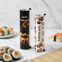Tube en papier pour sushi, écologique, de qualité alimentaire, avec couvercle en plastique et compartiment pour sauce soja, design personnalisé