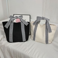 Bolso Tote con Lazo Coqueto, Bolso de Hombro de Lona a Rayas Blancas y Negras, Estilo Francés Estético, para Mujeres y Adolescentes, Ideal para Regalo