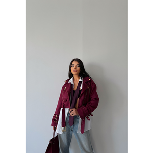 Chaqueta Corta de Ante Borgoña con 3 Mangas, Detalle de Cinturón, Satén, Piel de Oveja, Logotipo Personalizado, Relleno de Poliéster Teñido, Patrón Sólido - Product Image 5