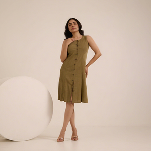 OLIVE COTTON DENIM DRESSO-Neck Sleeveless Midi <b>Dress</b> With Button Front And Slit Fitted Sheath Casual Daily Wear Olive Green Wove - Product Image 1