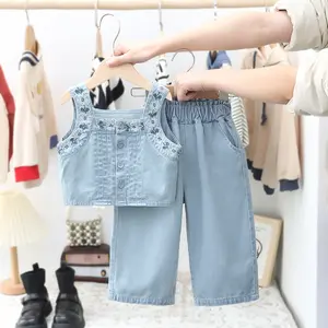 2024 musim panas kecil gadis Denim tipis bordir Crop Top + celana 2 pcs pakaian Set 2-7 tahun