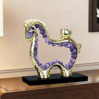 Sculpture de cheval en cristal d'améthyste naturelle, décoration moderne de luxe plaquée or pour la maison et le bureau, ornement fait main, cadeau de pendaison de crémaillère