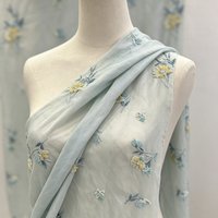 Tissu A080 Tencel Frais Bleu-Jaune à Motifs Floraux et Perlés pour Hanfu et Robes