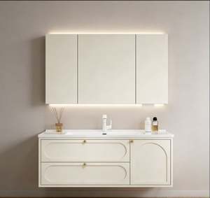 Mueble de Baño de Lujo Personalizado para Hotel de 5 Estrellas, Mueble de Pared con Doble Lavabo, Madera Maciza, Encimera de Mármol, Espejo Inteligente con Iluminación LED - Product Image 3