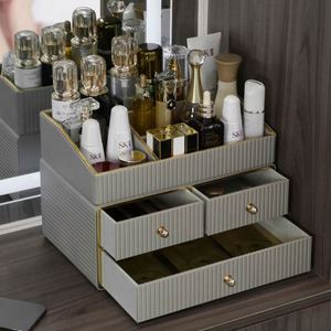 MAVOBO Light Luxury Leather Desktop Exquisite Assembly Double Tier Makeup Cosmetic Storage <b>Box</b> Drawer Organizer - Product Image 3