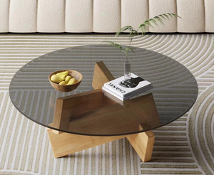 Table basse ronde moderne avec plateau en verre trempé et base en bois, design minimaliste, meubles de salon - Product Image 4