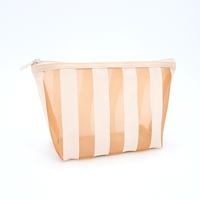 Pochette de voyage portable de luxe imprimée à fermeture éclair, grande capacité, en maille rayée, pour maquillage et cosmétiques, avec logo personnalisé transparent
