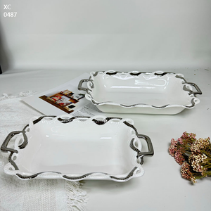 Assiettes à dîner ovales et rectangulaires en céramique blanche au design unique avec or ou <span class=keywords><strong>argent</strong></span> pour les fêtes - Product Image 4