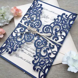 Groothandel Goedkope Unieke Diy Navy Laser Die Cut Bruiloft Uitnodiging Met Satijn En Custom Laser Uitnodiging Kaarten