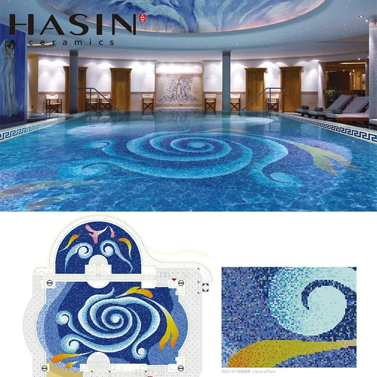 Keramik Porzellan Schwimmbad Mosaik fliesen Wunderschönes Glas Hasin Sea Beach Farbe Villa Haus Spezielles Design Blaues Mosaik Bild
