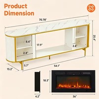 Meuble TV électrique cannelé blanc avec foyer pour téléviseurs jusqu'à 85 pouces, console multimédia moderne avec pieds dorés et armoire de rangement