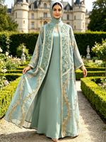 Ensemble Abaya deux pièces en polyester avec cardigan en mousseline brodé et robe intérieure – Kaftan décontracté et modeste pour Dubaï, l'Arabie Saoudite, l'Aïd et les mariages