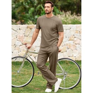 FOXA Mens 2 Piece <b>Set</b> Short Sleeve Shirt Loose Pants Summer Textured Suit Breathable Cotton <b>Knitted</b> Men's Outerwear - Product Image 4