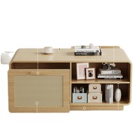 Table basse en rotin style crème avec tiroir coulissant à porte arrondie, rangement multi-niveaux ouvert, table de salon