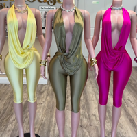 Combinaison sexy pour femme, col halter plongeant, sans manches, dos nu, moulante, longueur capri, tenue de club