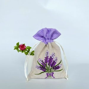 Fashionable <b>Lavender</b> Embroidered Checkered Cotton Gift Drawstring <b>Bag</b> - Product Image 4