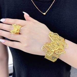 Ensemble de bijoux en laiton plaqué or 24 carats JXX pour femmes, bracelet ouvert, bague, boucles d'oreilles pour mariage et fête - Product Image 2