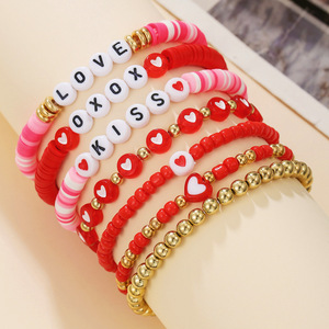 Valentine's Day Beaded <b>Bracelet</b> Set <b>Red</b> Heart Pendant Jewelry Gift for Women Fashion Accessories - Product Image 3
