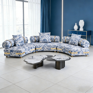 Sofá Curvo de Lujo Estilo Porcelana Azul y Blanca, Sofá de Tela Artístico Moderno para Sala de Estar de Villa y Decoración de Vestíbulo de <span class=keywords><strong>Hotel</strong></span> - Product Image 5
