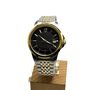 <span class=keywords><strong>Montre</strong></span> à quartz pour <span class=keywords><strong>homme</strong></span> en or et argent avec cadran <span class=keywords><strong>noir</strong></span> texturé, fenêtre de date, <span class=keywords><strong>bracelet</strong></span> en métal entrelacé et design intemporel et sophistiqué - Product Image 1