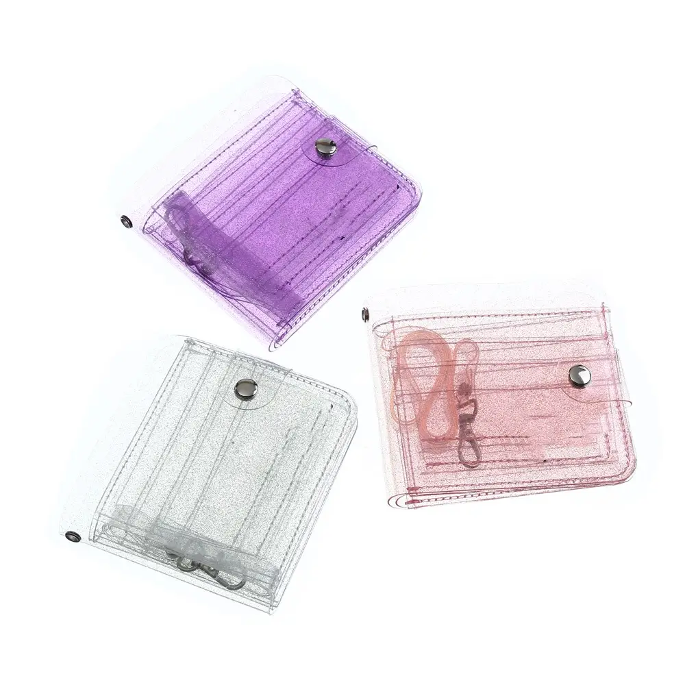 프로모션 독특한 pvc 반짝이 투명 카드 홀더 가방, 귀여운 레이저 반투명 접이식 휴대용 ID 카드 홀더 지갑