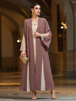 Elegante Muslimische Abaya mit Perlen und Blumenmuster, Netzstoffeinsatz und Weiten Ärmeln, Bescheidener Langer Mantel für den Nahen Osten