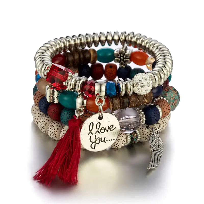 New Bohemian Bodhi Beads Stacked Bracelet Set Jewelry For Women Tassel Multilayer BraceleBodhi Beads Stacked Bracelet Set