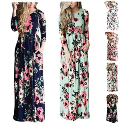 Großhandel mode lange hülse frauen strand kleid bunte lager Floral Lange Maxi Sommer Kleid Frauen