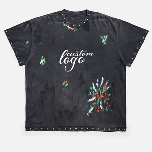 カスタムメンズコットン100% オーバーサイズ箱入りディストレスtシャツ男性手作りカラーインクスプラッシュパターンヴィンテージウォッシュTシャツ - Product Image 2