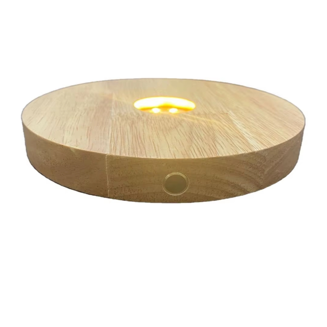 Modern Design Rechargeable LED Warm White Light Dimmable Oak Wood Circle Base for Crystal Glass Display for Living Room