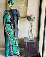 Robes Caftan Dame 2024 Vente en Gros, Mode Taille Unique Satin Imprimé Robe Longue Africaine Musulmane avec Foulard Abaya