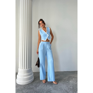 Conjunto de Pantalones y Chaleco Corto Azul con Ribete Asimétrico, Talla S para Mujer, Atuendo de Dos Piezas a la Moda - Product Image 2