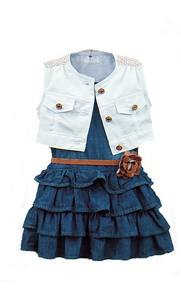 Conjuntos de Ropa para Niños al por Mayor, 2 Piezas, Jeans Casuales, Vestido sin Mangas con Cinturón de Flores y Abrigo para Niñas, de China - Product Image 2