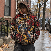 Sweat à capuche zippé intégral personnalisé OEM pour homme, motif tête de mort et rose, coupe oversize, streetwear, sweat-shirt graphique épais