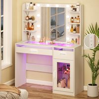 Coiffeuse blanche avec miroir éclairé et multiprise, 2 tiroirs, pour chambre à coucher