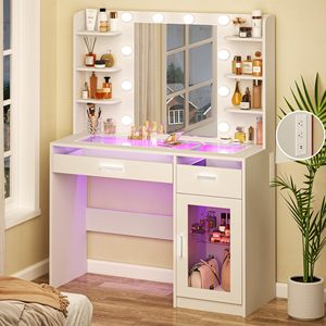 <span class=keywords><strong>Tocador</strong></span> de Maquillaje Blanco con Espejo Iluminado y Regleta de Enchufes, 2 Cajones, <span class=keywords><strong>Tocador</strong></span> para Dormitorio - Product Image 2