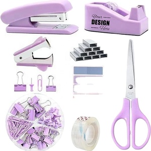 Juego de Artículos de Oficina Color Morado Personalizado: Engrapadora, Dispensador de Cinta Adhesiva, Tijeras, Clips y Notas Adhesivas - Perfecto para Regalos Promocionales - Product Image 1