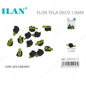 Fiore decorativo in tessuto Ilan da 14 mm nero con foglie verdi per artigianato e decorazioni - Product Image 1