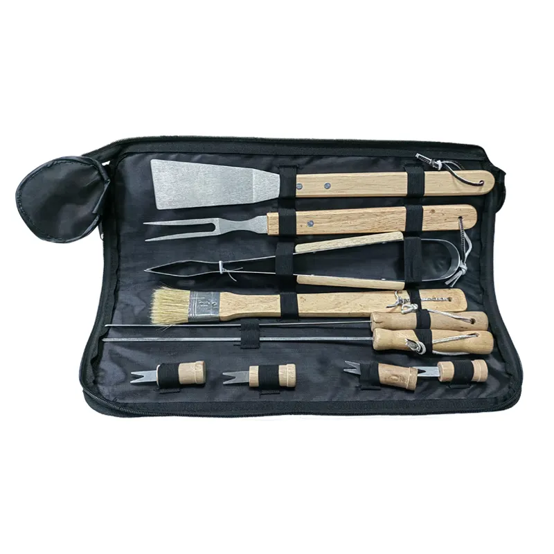 Stainless Steel BBQ Tool Set 10pcs Portable Barbecue Wood Handle Tools Including Fork Turner Tong